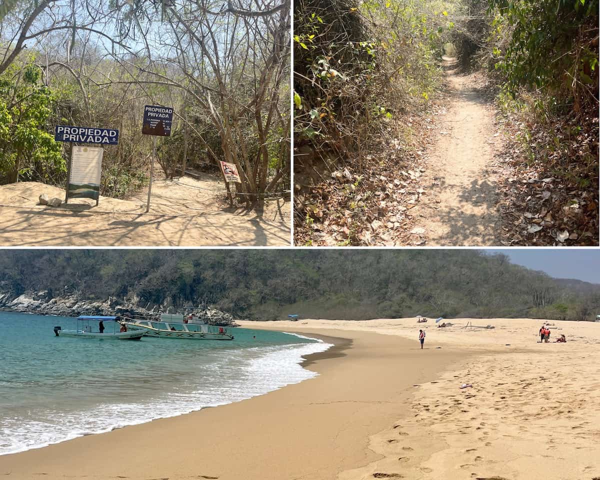 A collage of signage for entrance to Organo Beach, the walking path and Organo Beach itself.