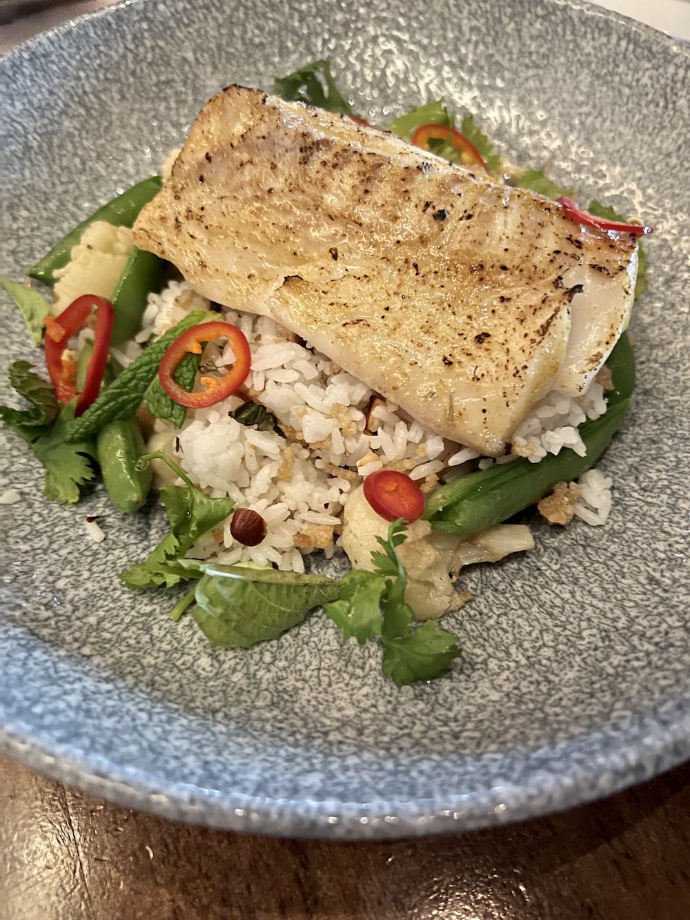 Fish at Joey Rideau on a blue plate. 