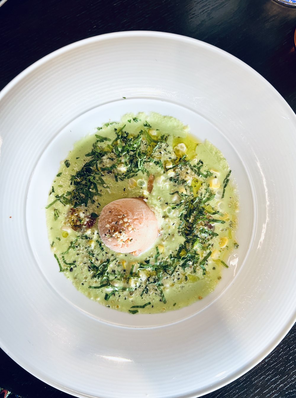 Tomatillo and cucumber gazpacho topped with Caesar sorbet.
