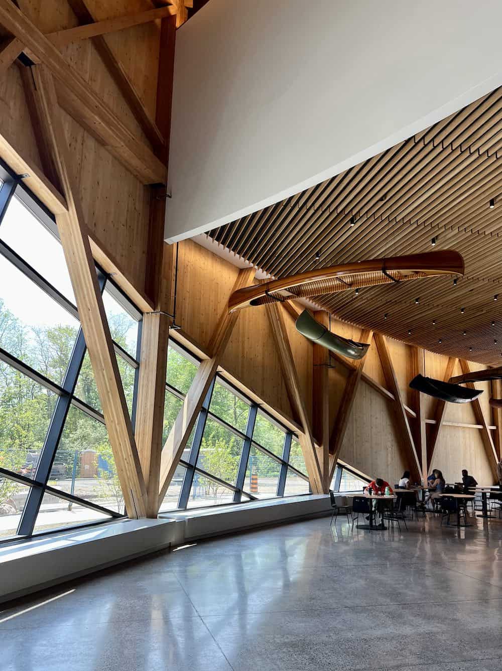 The new Canadian Canoe Museum's cafe, gift shop, fireplace and lakeside terrace.