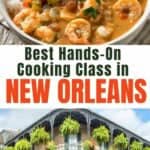 A collage of a gumbo made at a New Orleans cooking class and an iconic French Quarter building.