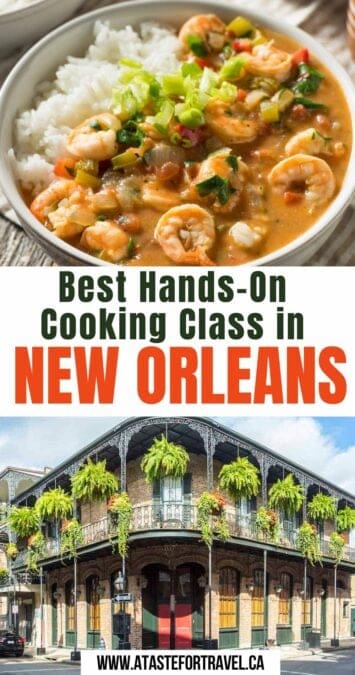 A collage of a New Orleans French Quarter building and a famous dish of gumbo. 