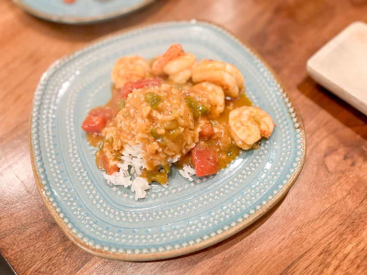 Shrimp dish over rice.