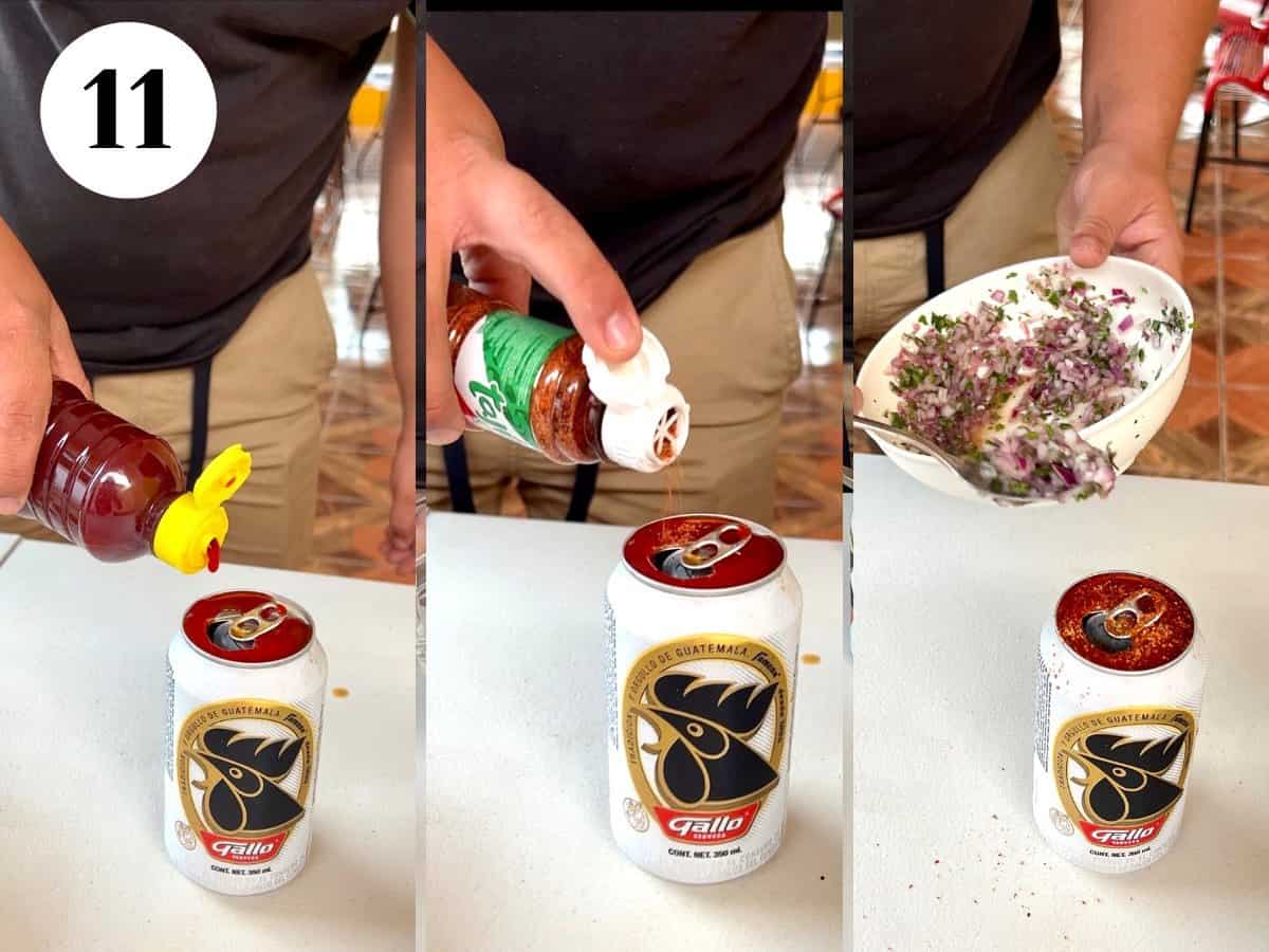 Adding chamoy sauce, Tajin and cilantro mixture to a Gallo can to make a picosito.