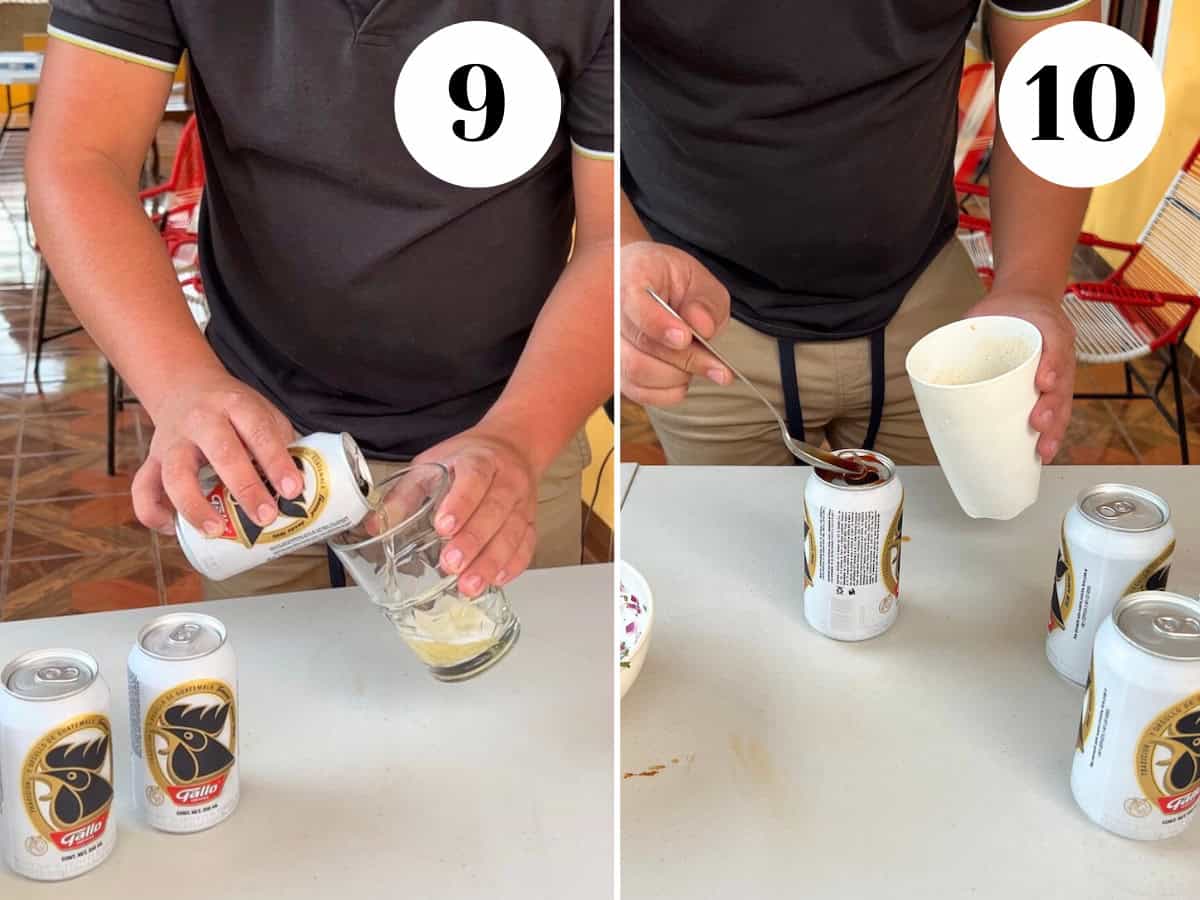 Romoving some beer from a Gallo can and adding salsa mixture into the can. 