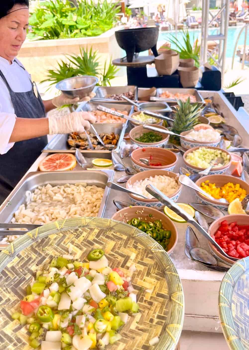 An enticing poolside ceviche bar. 
