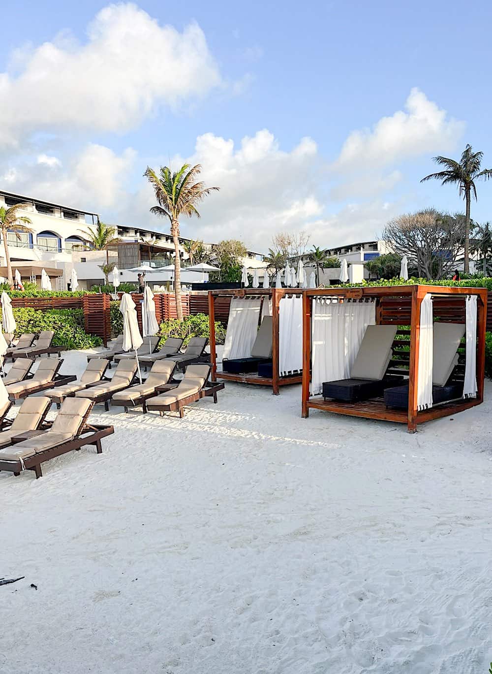 Lounge chairs at Eden Beach at Heaven Hard Rock Hotel Riviera Maya. 