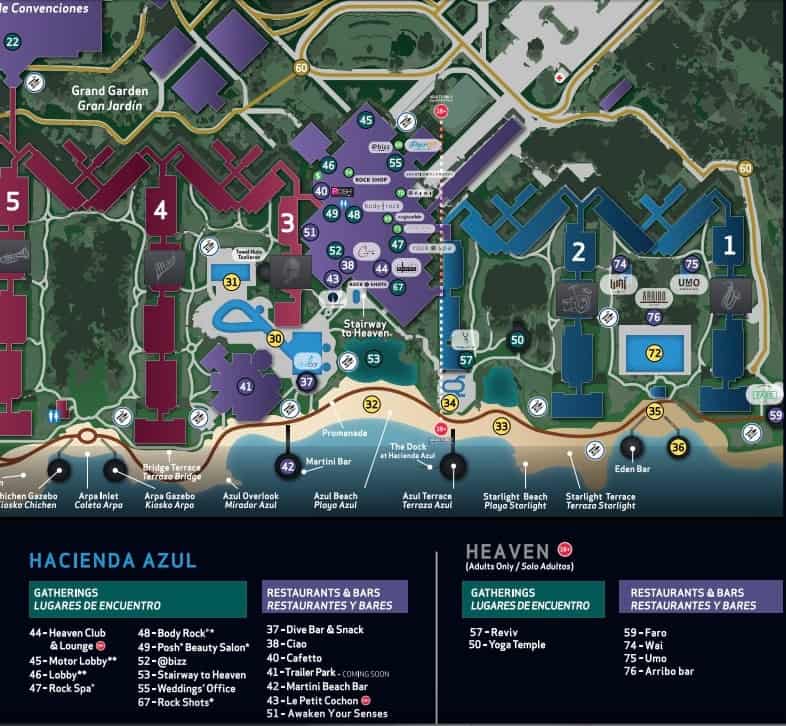 Excerpt of the resort map showing the Hacienda Azul and Heaven (adults-only) sections of the Hard Rock Riviera Maya.