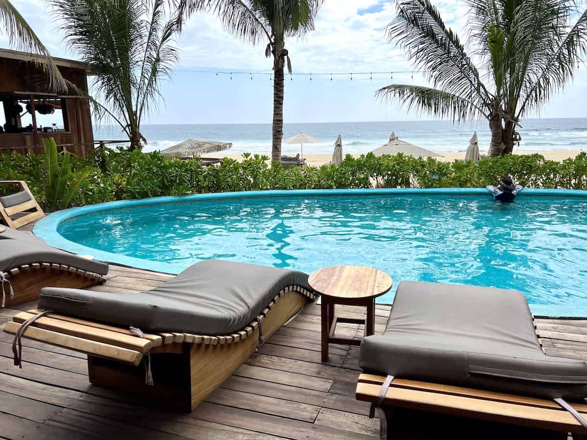 Lounge chairs at Nossa Beach Club in Puerto Escondido. 