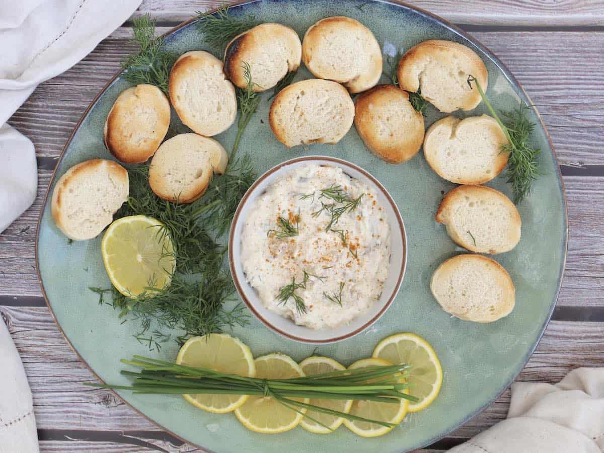 Overhead shot of a seafood dip made with smoked herring.