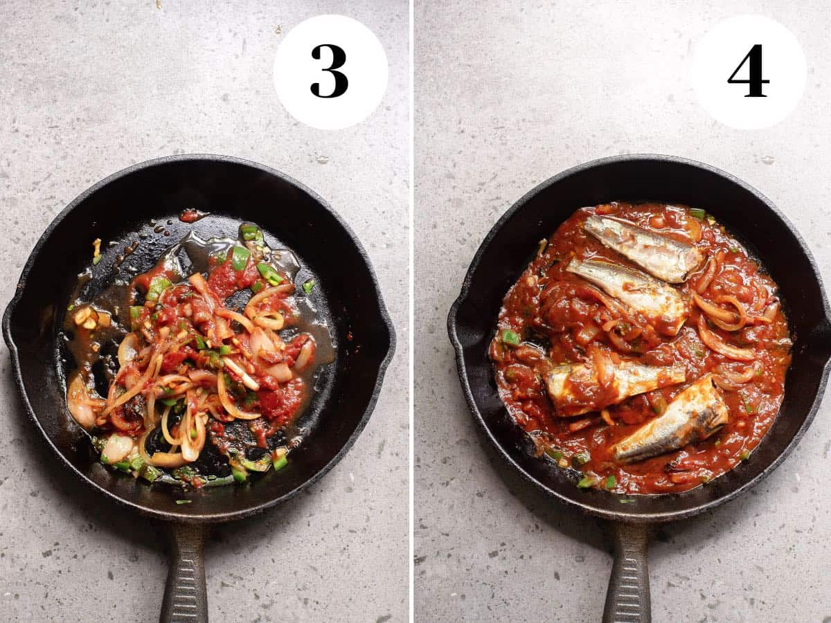 Process shot of cooking canned sardines in tomato sauce in a frying pan.  