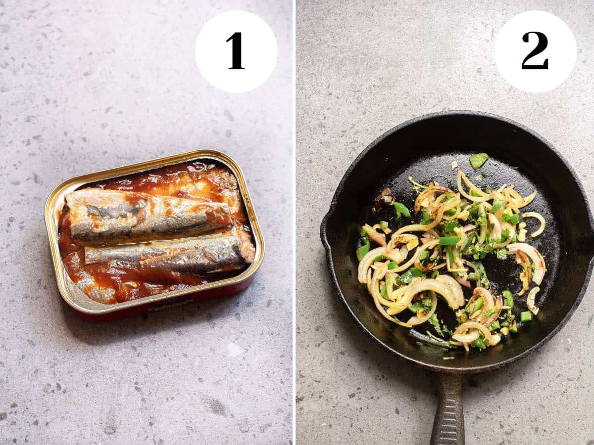Process shot of a can of sardines and vegetables in a cast iron frying pan. 