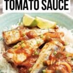 A Pinterest image of Canned Sardines in Tomato Sauce over white rice.