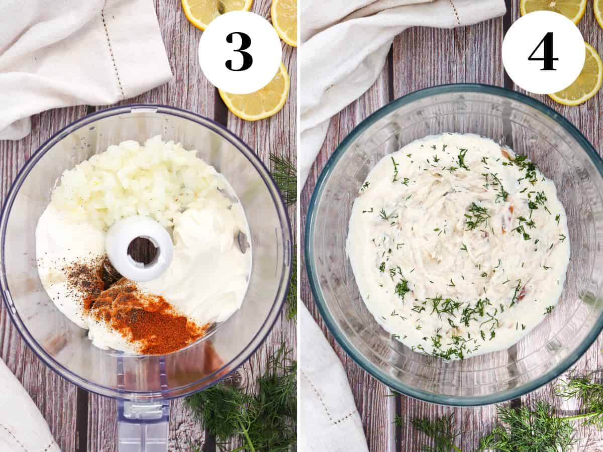 Blending cream cheese with spices in a food processor.