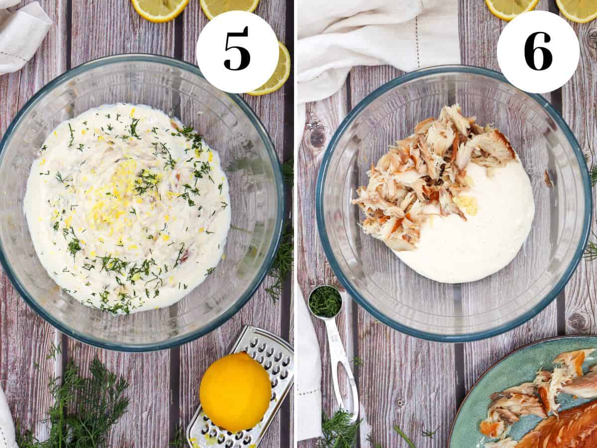 Folding in herring to cream cheese mixture with lemon zest to make dip.
