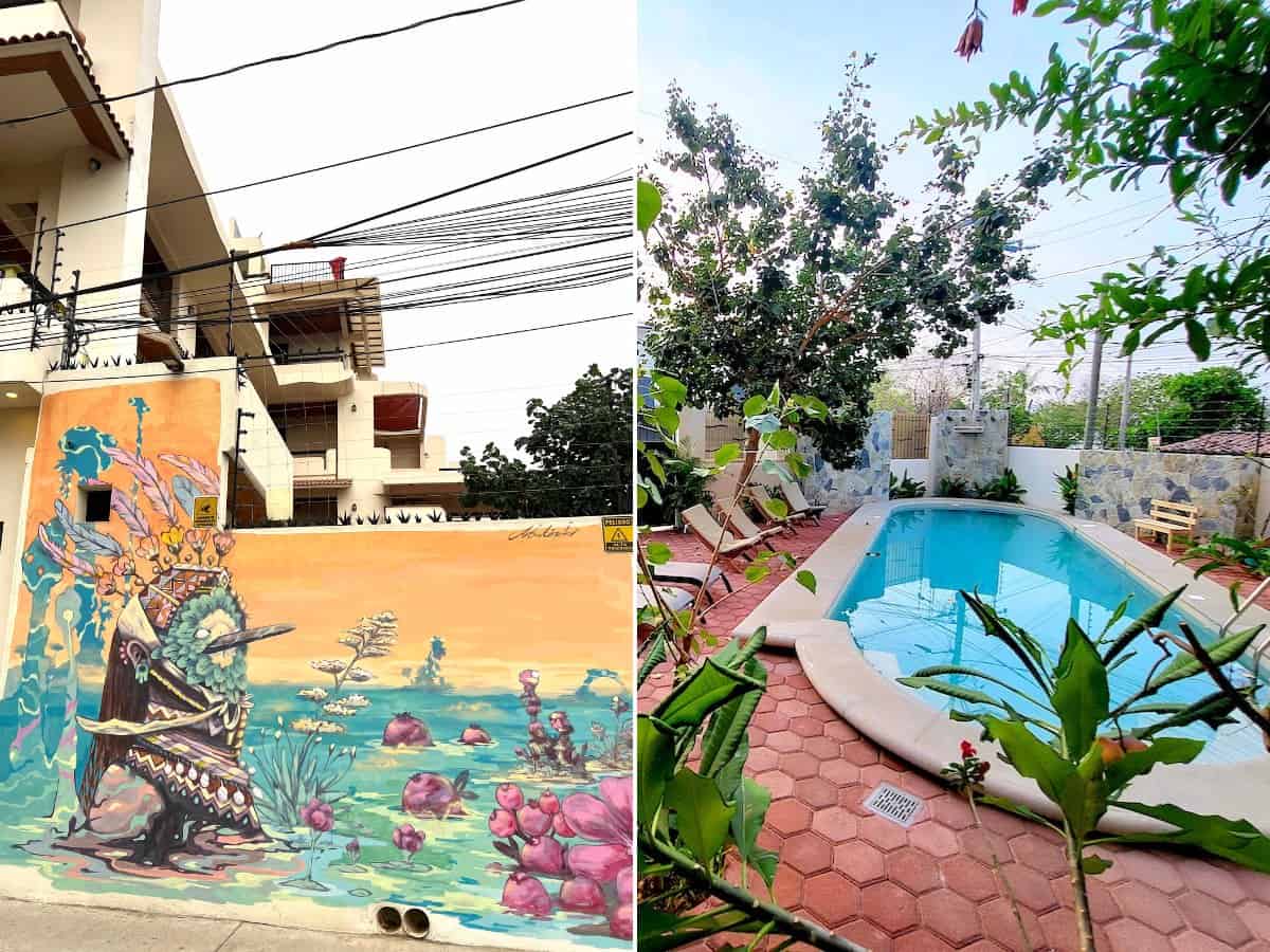 A collage of a cheap apartment in Puerto Escondido: Casa Puerto Bonito's  swimming pool and street view 