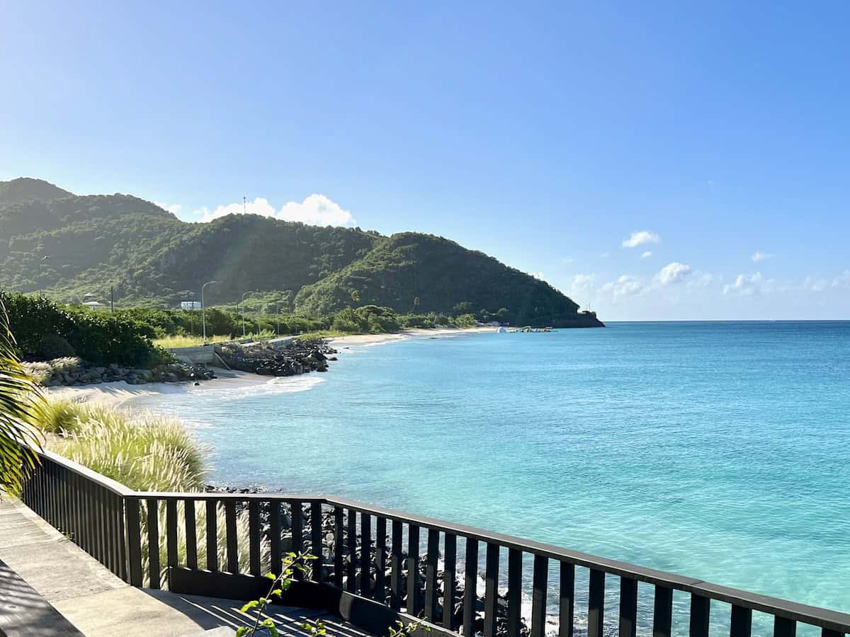 Darkwood Beach in Antigua on a sunny day as seen from Tamarind Resort. 