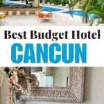 A collage of Adhara Hacienda Hotel in Cancun with swimming pool and decor.
