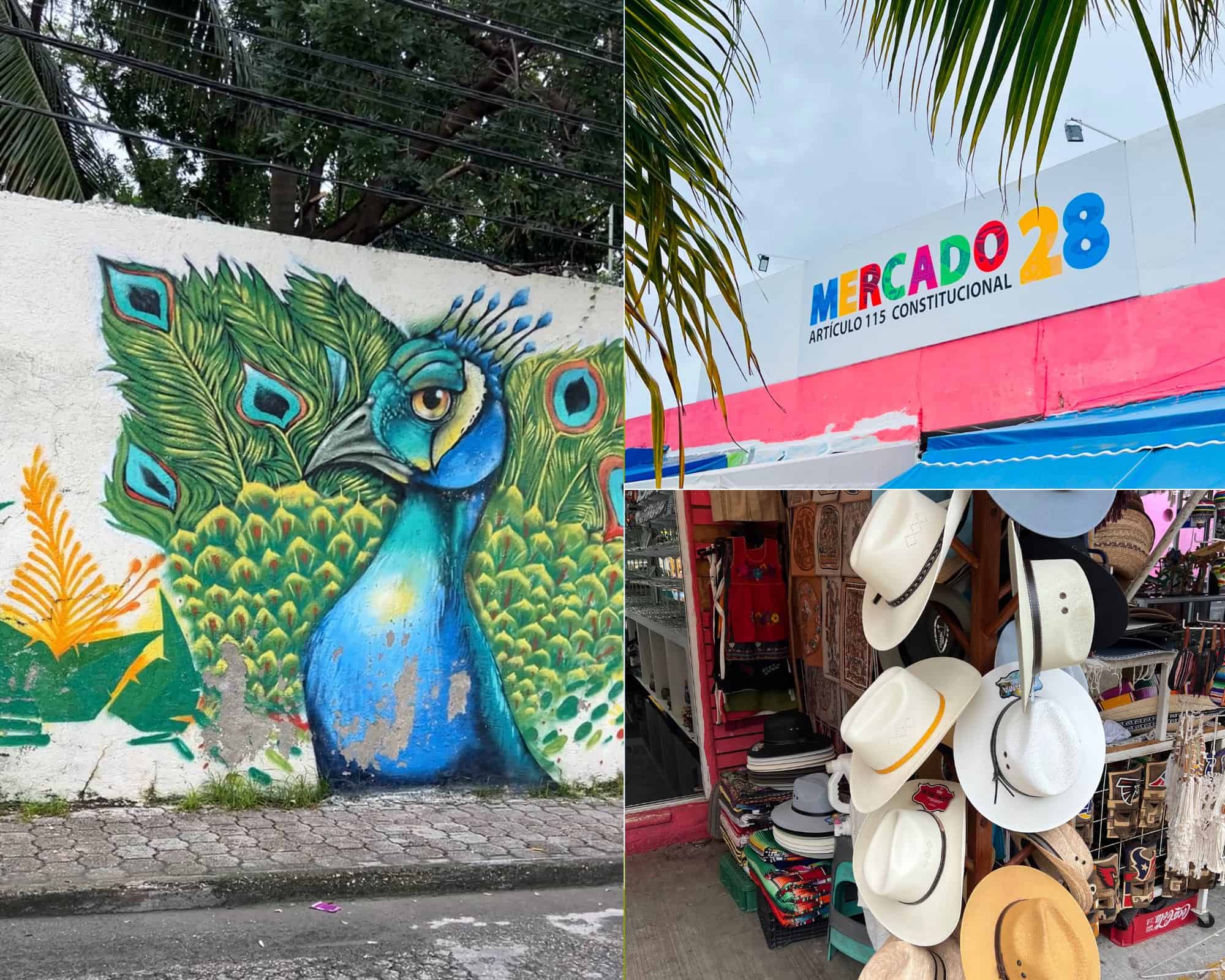 Collage of Mercado 28 in Cancun with hats and street art. 