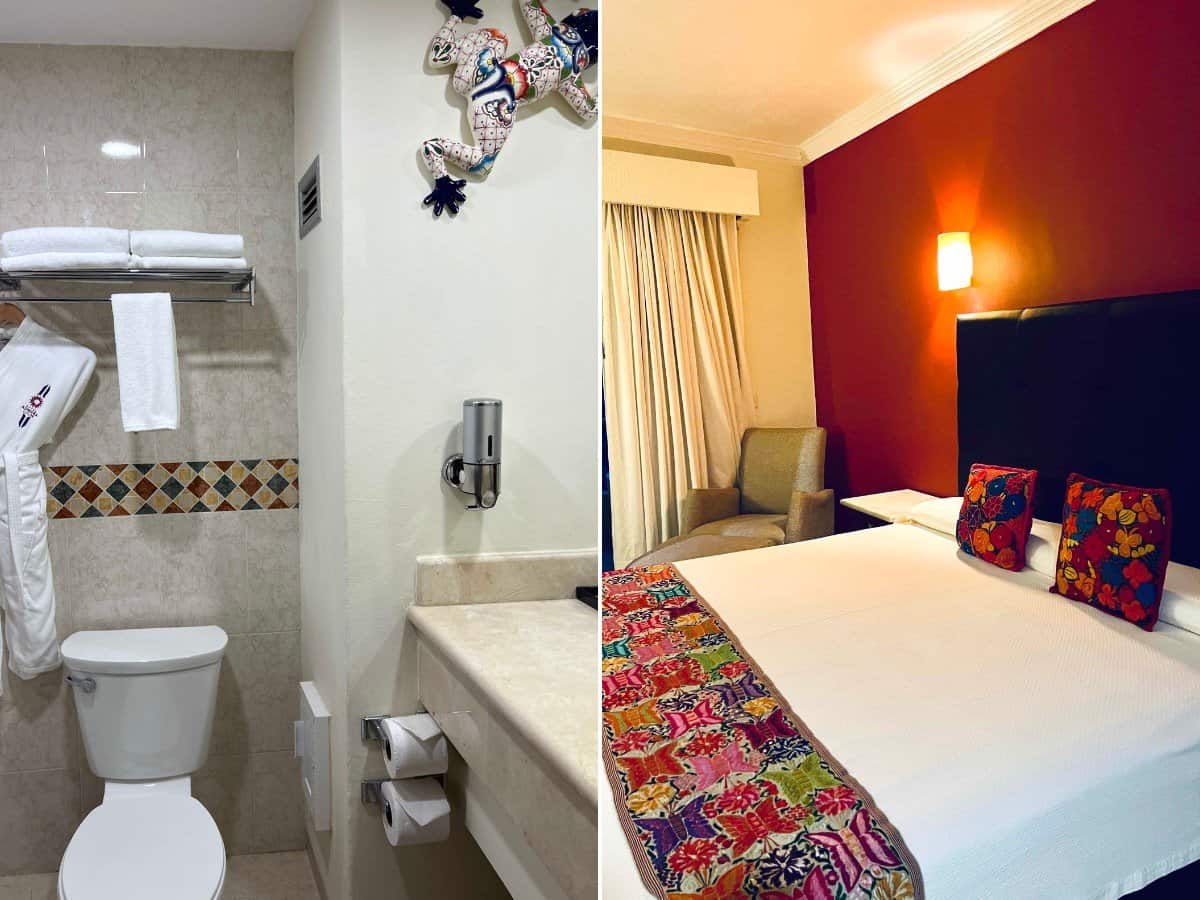 Guest room with king-size bed at Adhara Hacienda Hotel in Cancun.