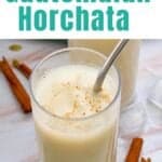 Collage of glasses of agua de horchata, Guatemalan horchata with straws and a green napkin.