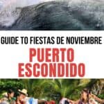 A collage of a surfer and dancers at the Fiestas de Noviembre in Puerto Escondido, Oaxaca.