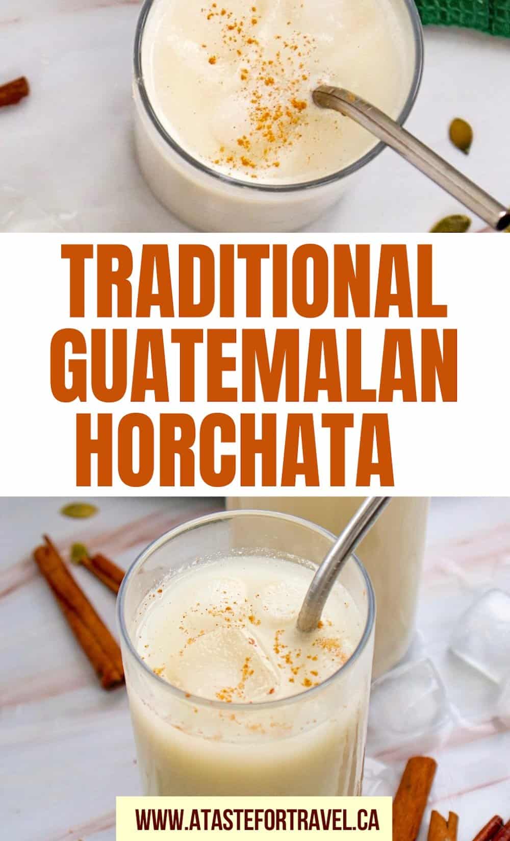 A collage of a Guatemalan rice drink with cinnamon.