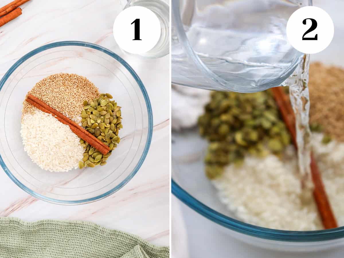 Process shots of mixing seeds and water. 
