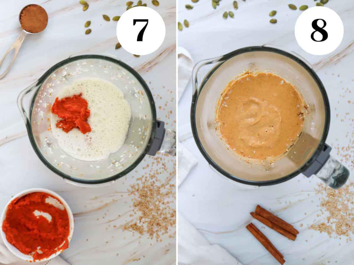 Process shot of adding pumpkin to blender.