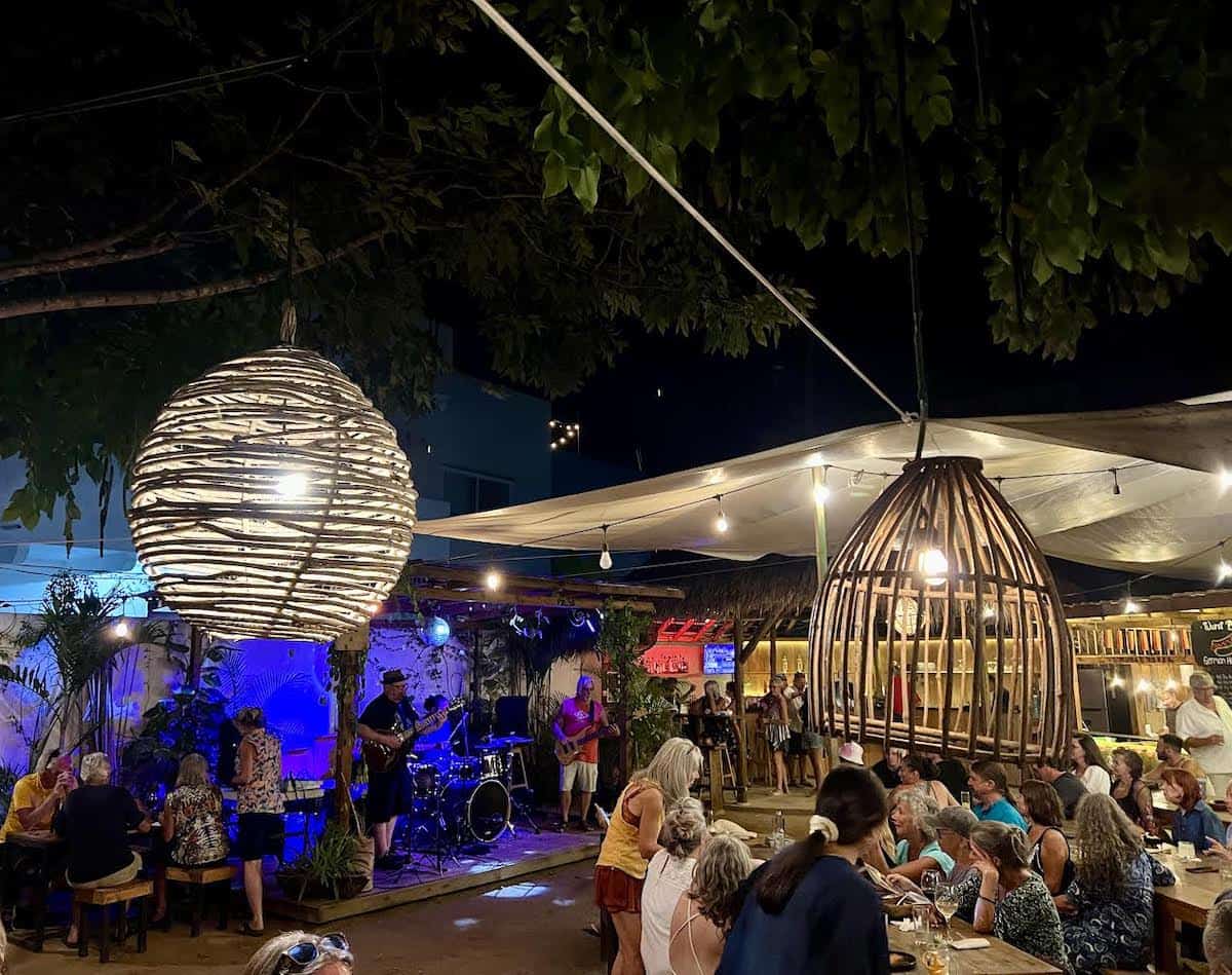 Food hall restaurant in Puerto Escondido at night.