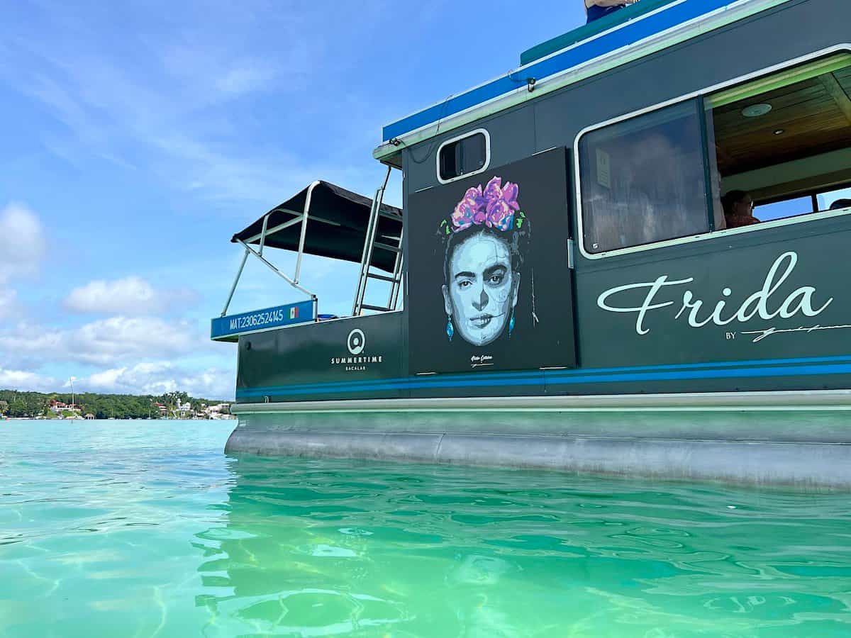 Closeup of the water in Bacalar lagoon on a pontoon tour with Summertime Tours.