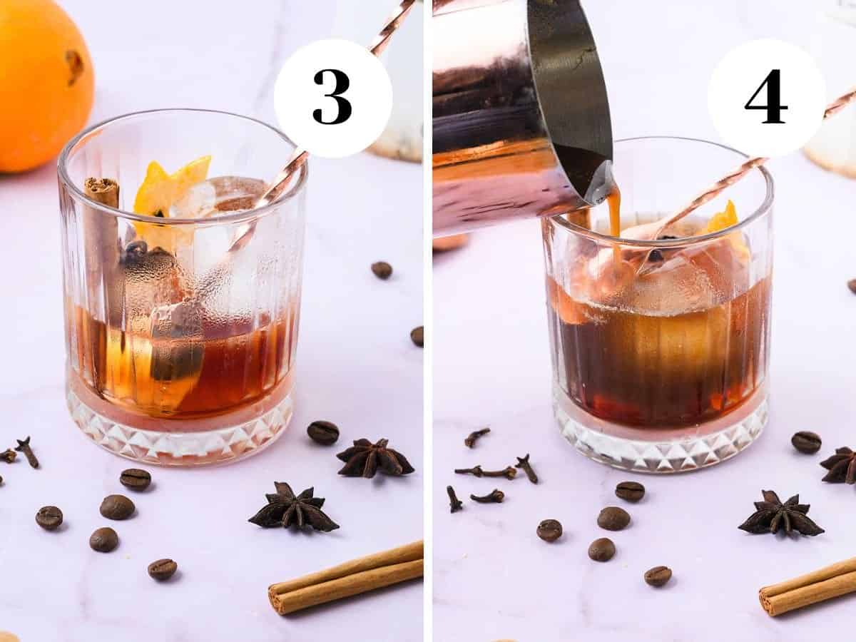 A collage showing ice added to the glass and then pouring the coffee over the back of a spoon.