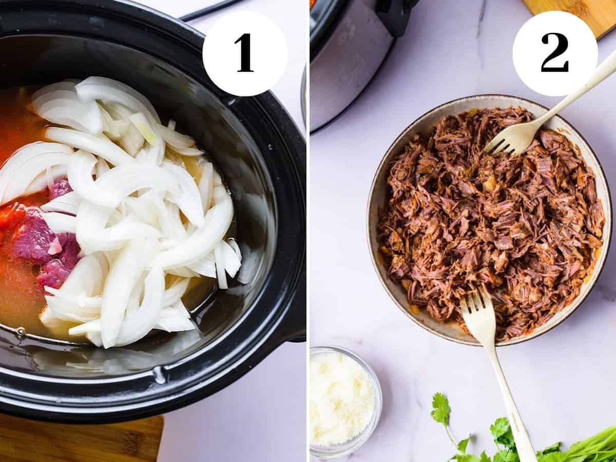 Beef boiling in bouillon and then shredded.  