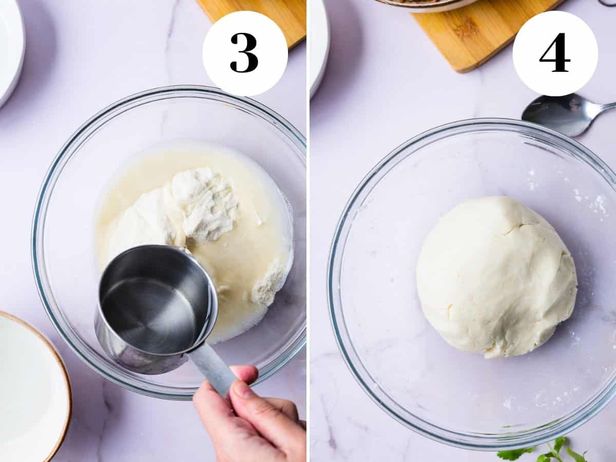 Process shots of mixing masa flour with water to make a ball of dough. 