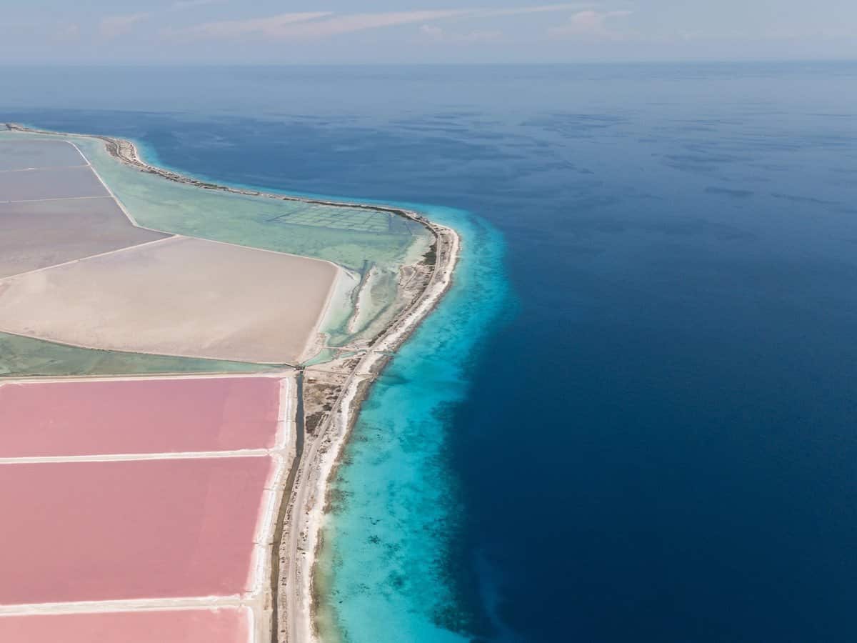 View of salt pans and pink lake in Bonaire.