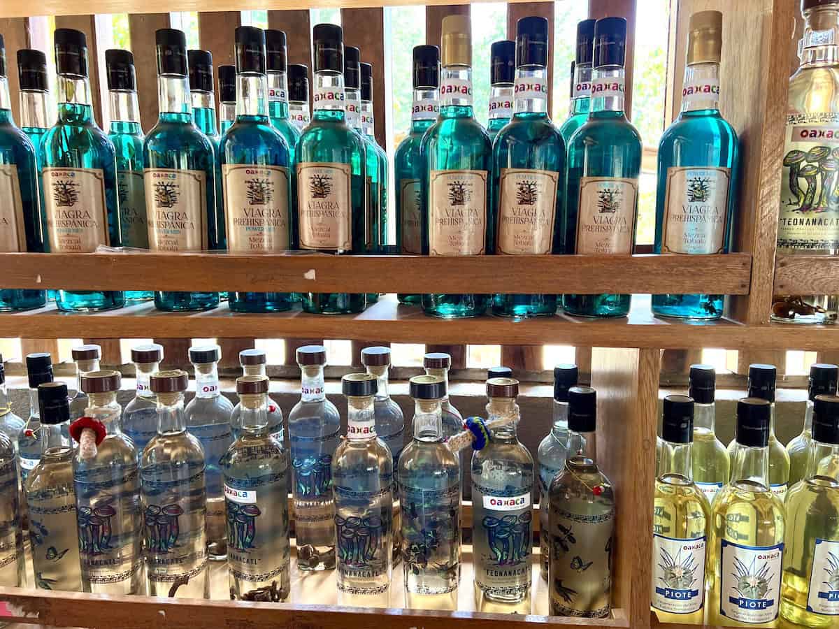 Mezcals on the shelf.
