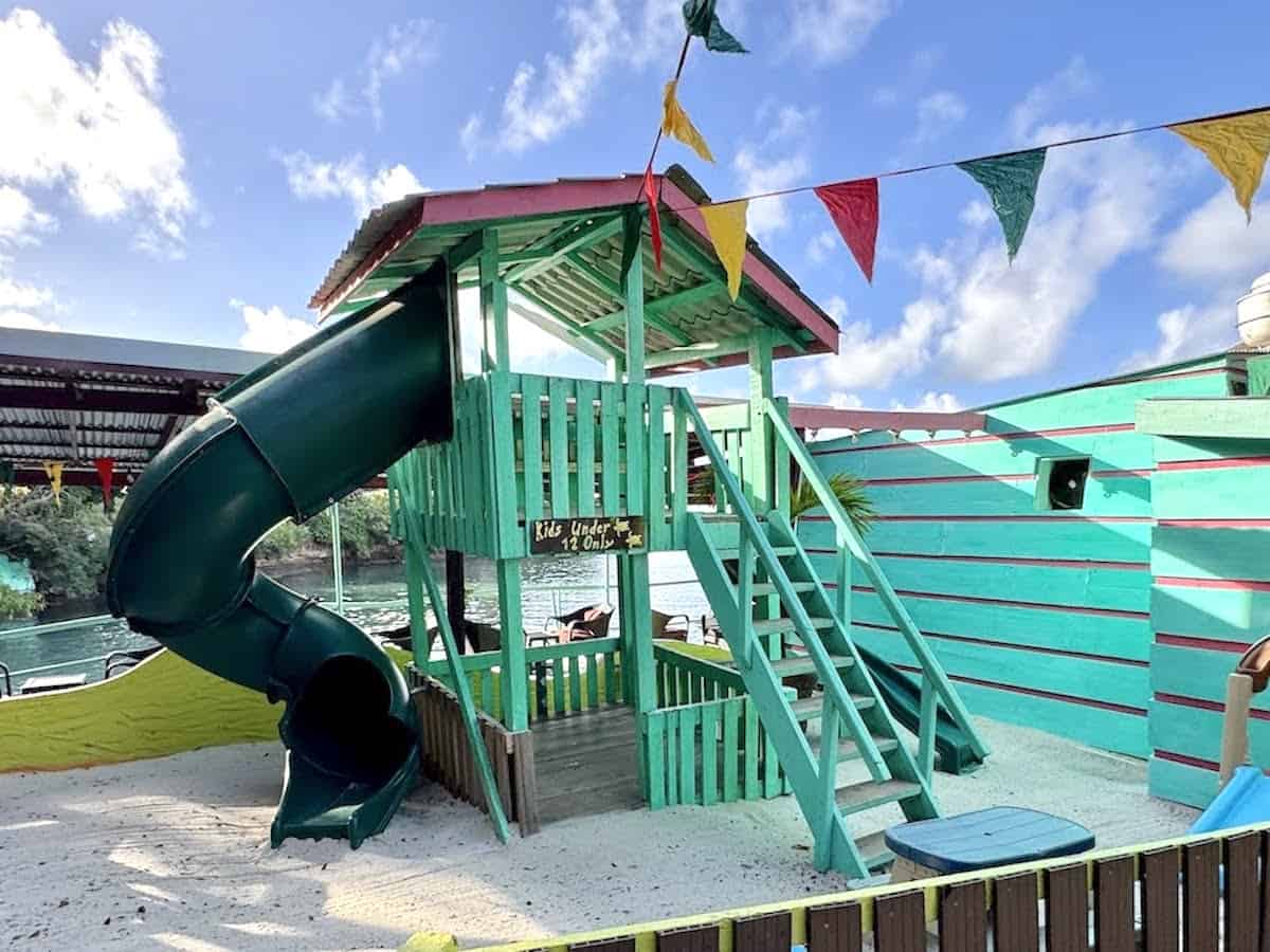 A children's playground adds to the family-friendly vibe.