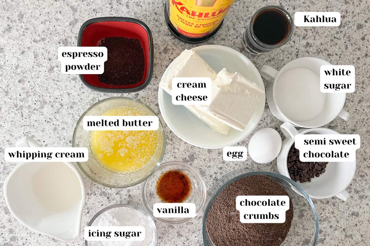 Ingredients for Kahlua cheesecake. 