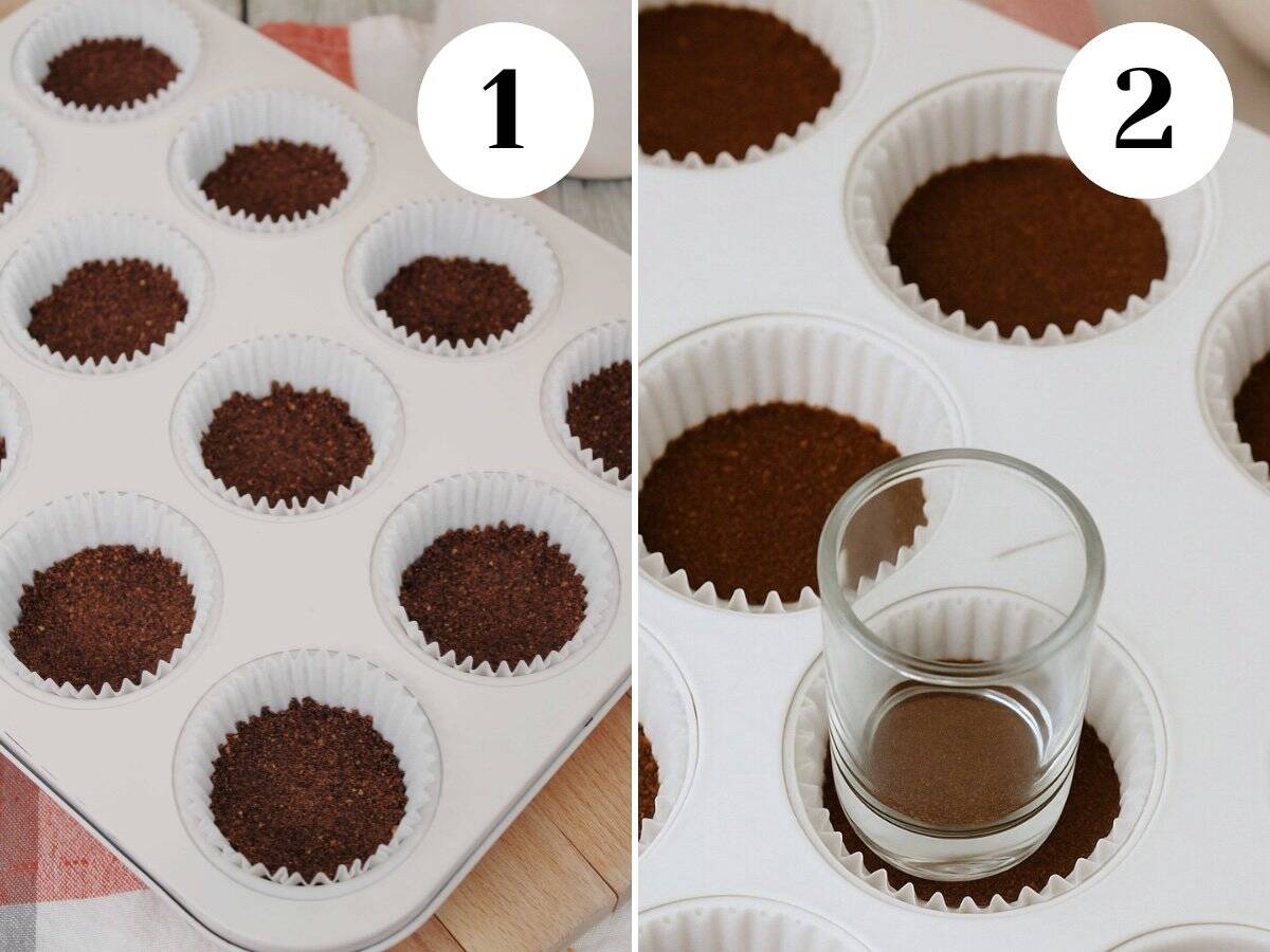 Preparing crumb base in a cupcake tin. 