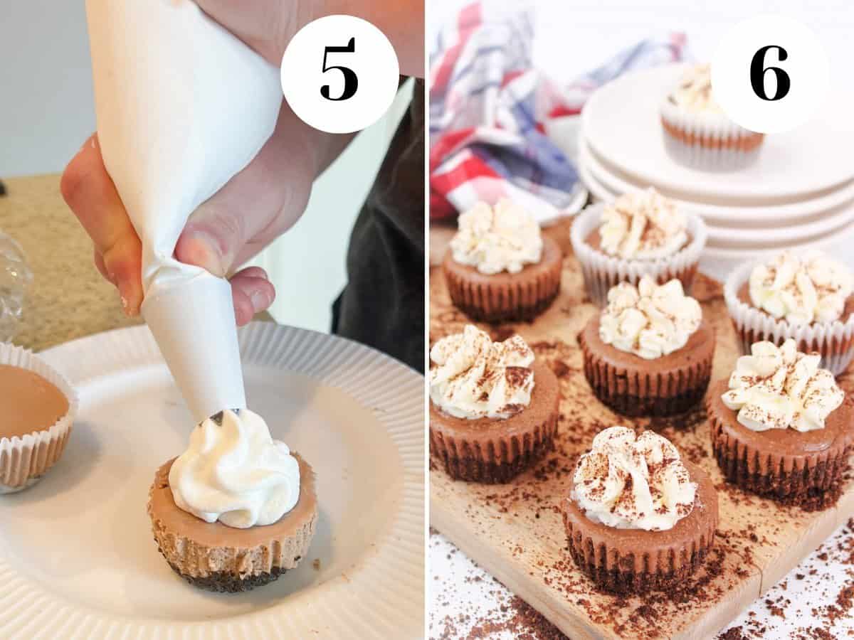 Piping of whipped cream on to cheesecakes. 