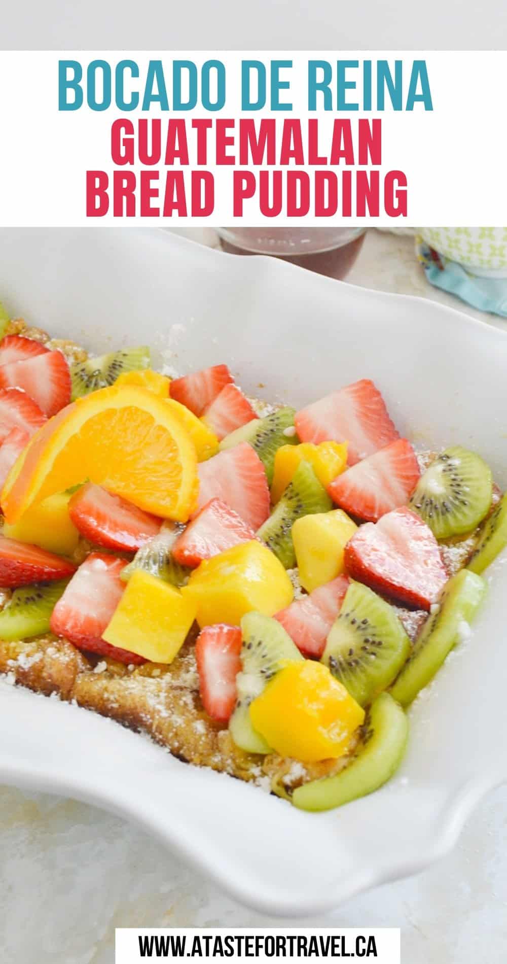 Guatemalan bread pudding in a white dish. 