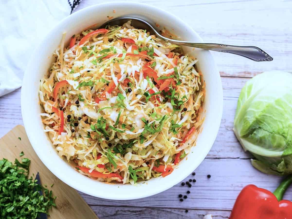 Overhead View of Guatemalan cabbage slaw. 