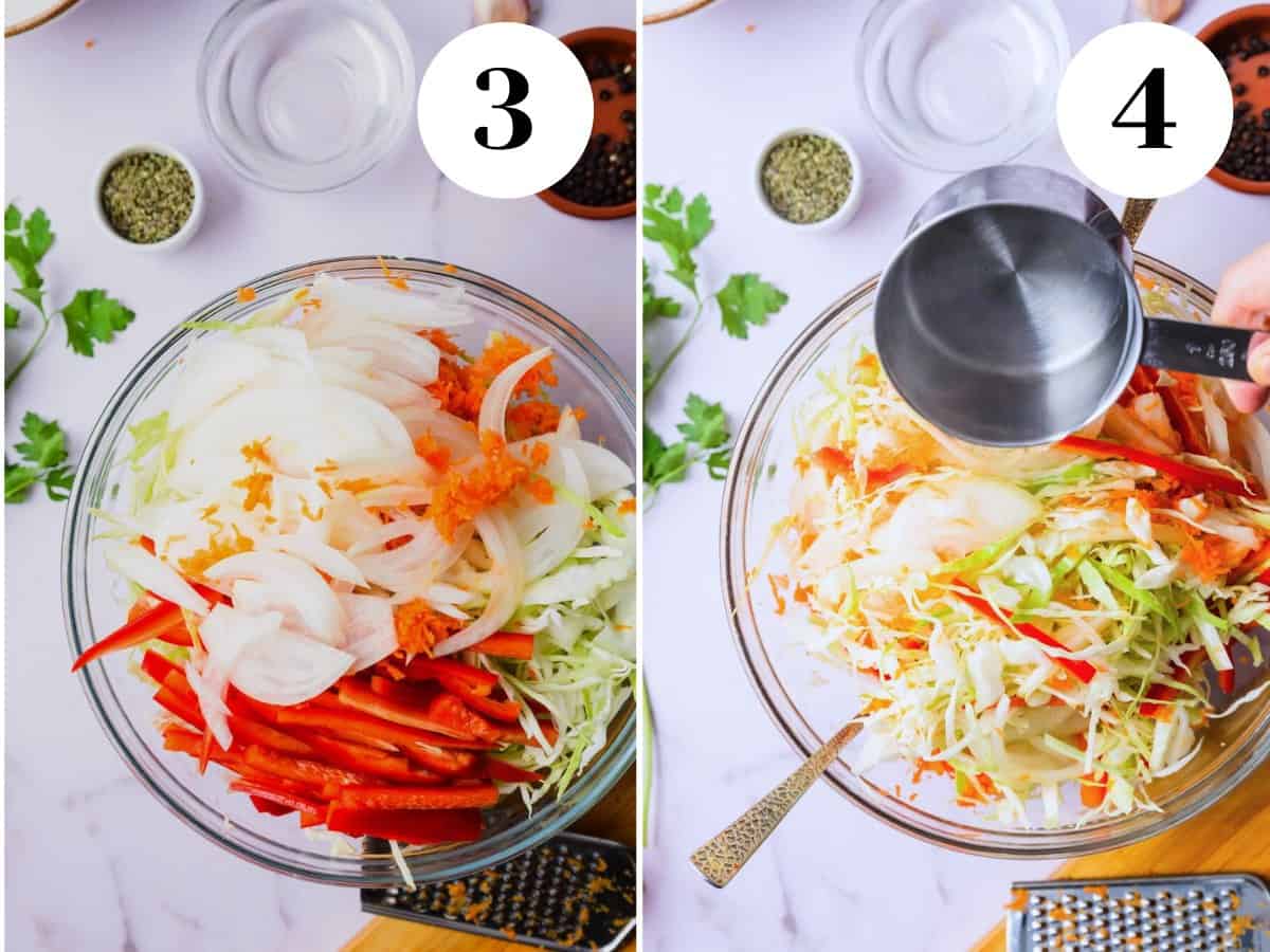 Adding boiling water to the vegetables. 